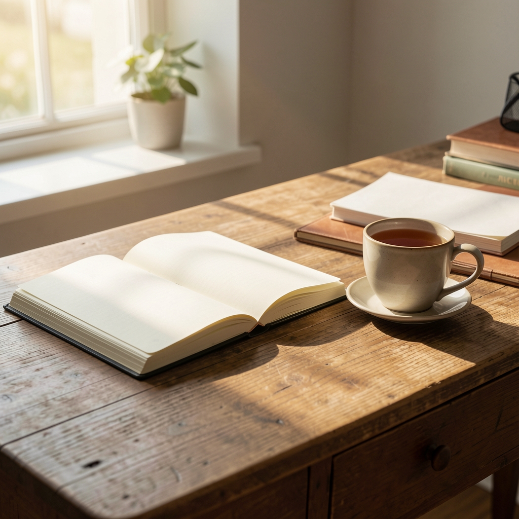 Comfortable editorial workspace with books, papers and a cup of coffee on a large wooden desk in natural daylight