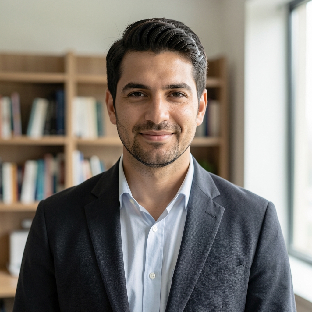 Portrait of a man in a minimal editorial office, bookshelves visible in background, calm natural light