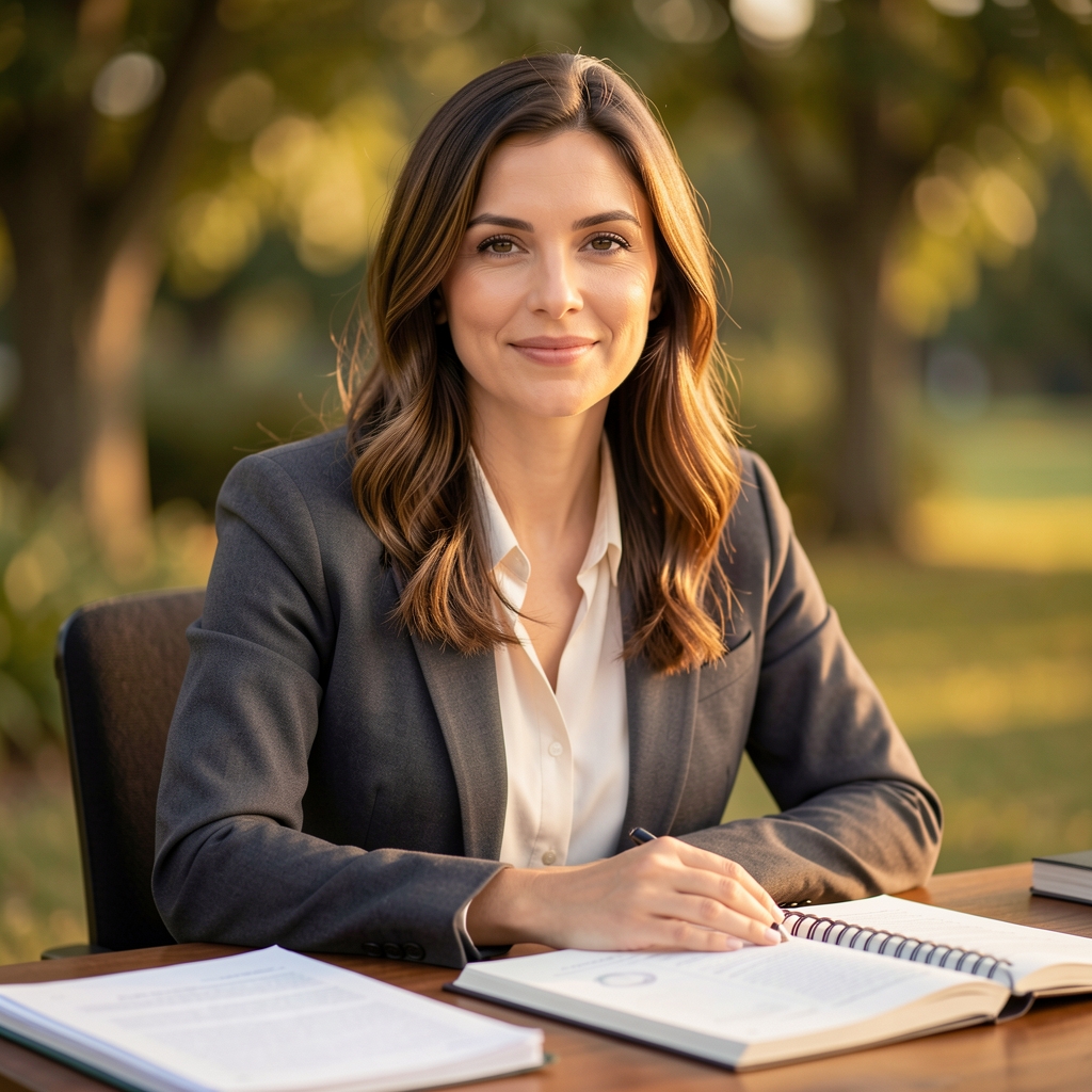 Portrait of a woman seated at a desk with open research papers and a notebook, warm ambient light