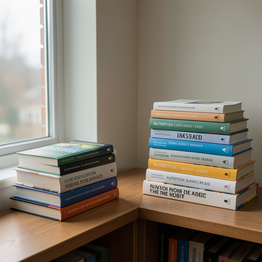 A quiet reading corner with stacked books on nutrition and habit research, soft natural window light, no text visible on spines