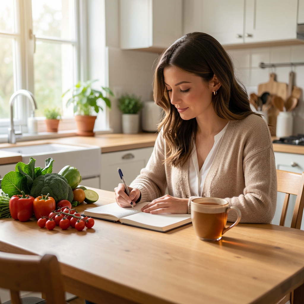 Woman sitting at a kitchen table writing in a journal surrounded by fresh vegetables and a cup of tea, soft natural daylight from a window