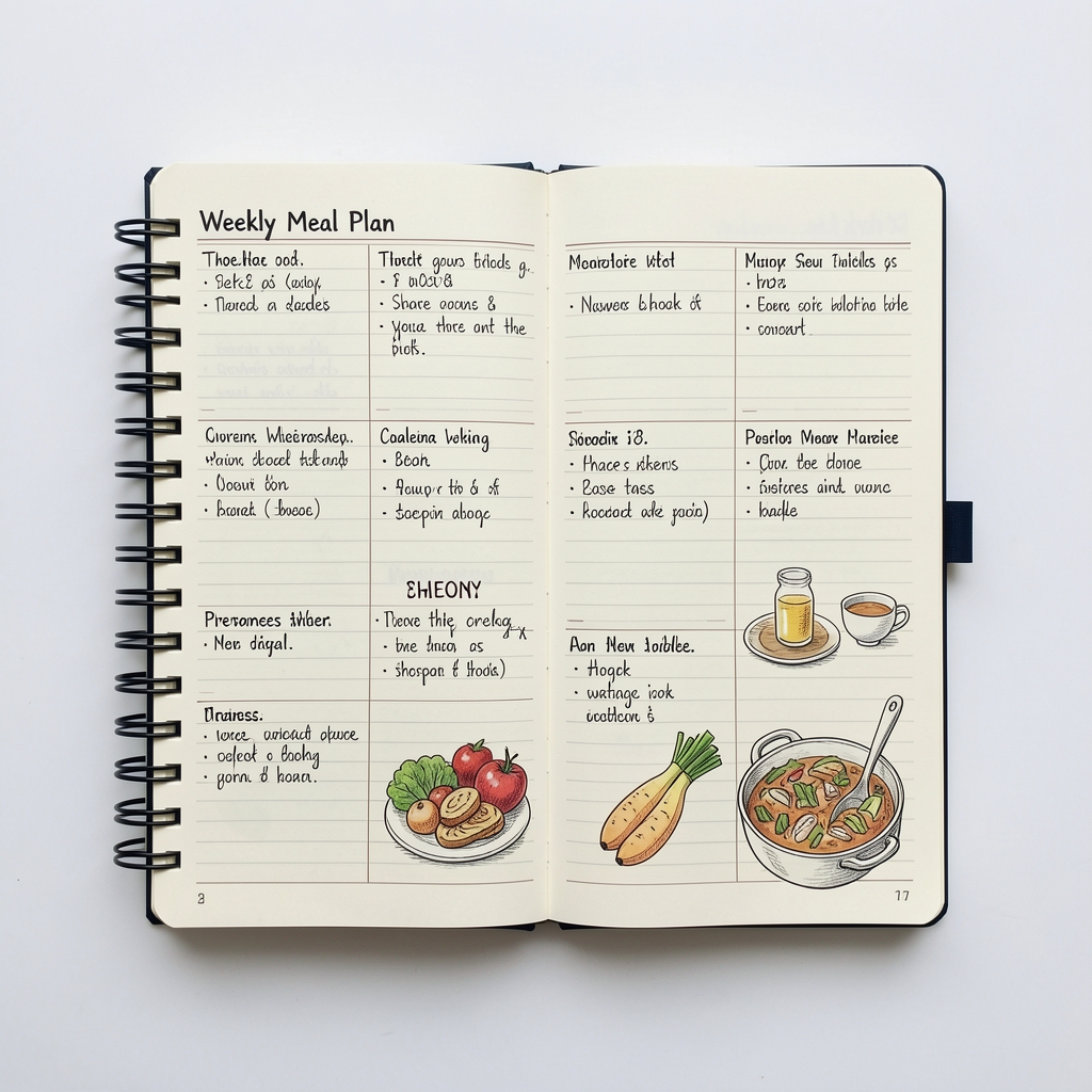 Overhead view of a neatly arranged weekly meal plan notebook with handwritten notes and small food sketches on a clean white surface