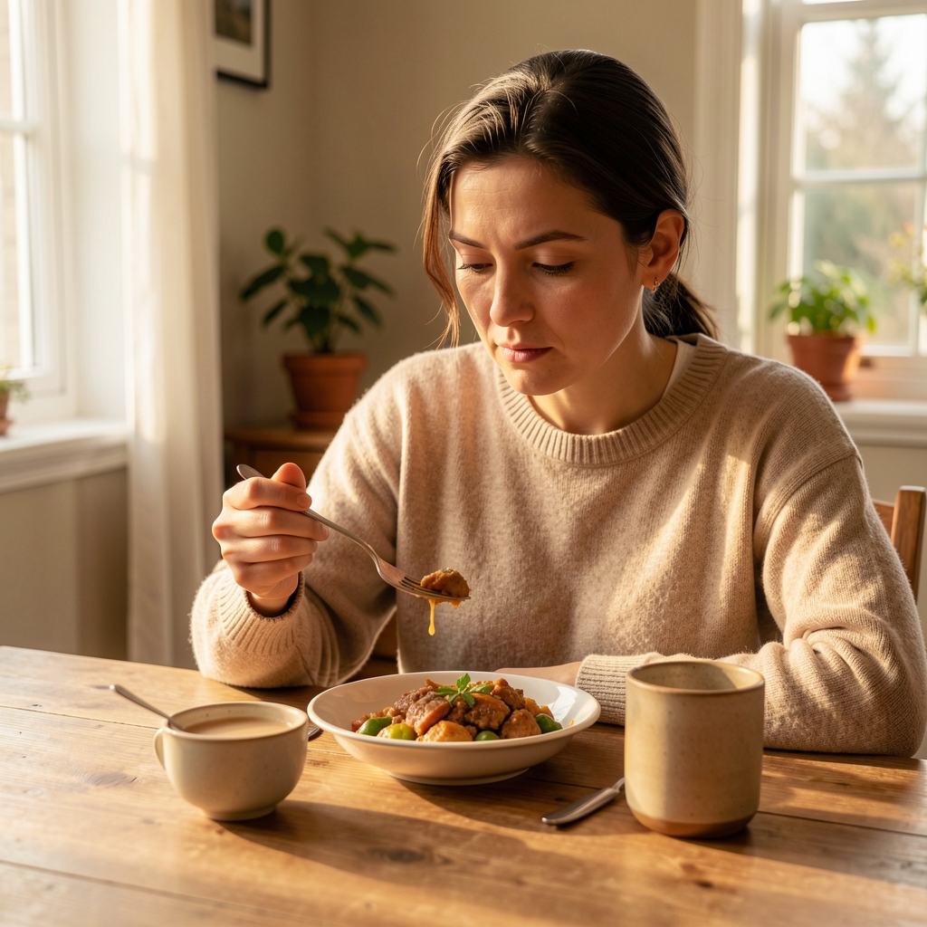 Person pausing before eating a simple home-cooked meal at a wooden table, looking thoughtfully at their food in warm afternoon light