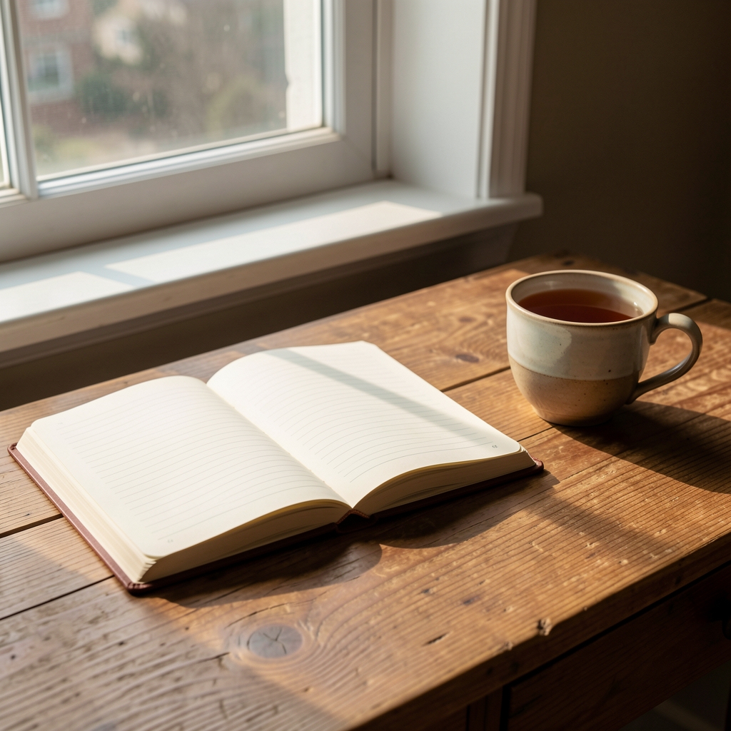 Open notebook on a wooden desk beside a cup of tea, morning light through a window, quiet contemplative scene