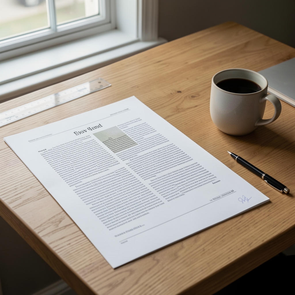 Editorial desk with printed articles, margin notes in pencil, a ruler, and a cup of black coffee in natural window light