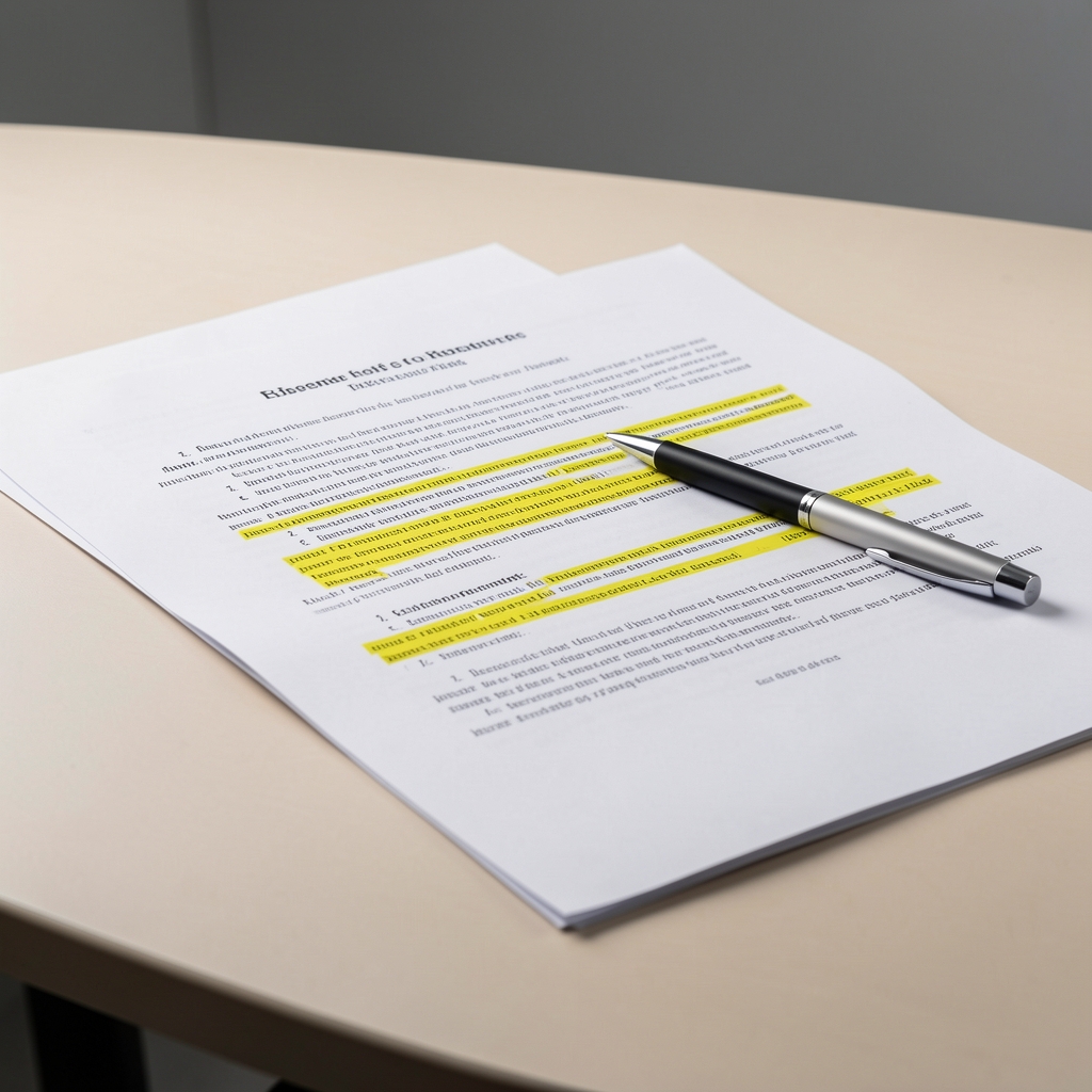 Research papers spread on a light desk, with highlighted passages and a pen resting on top, under controlled studio lighting