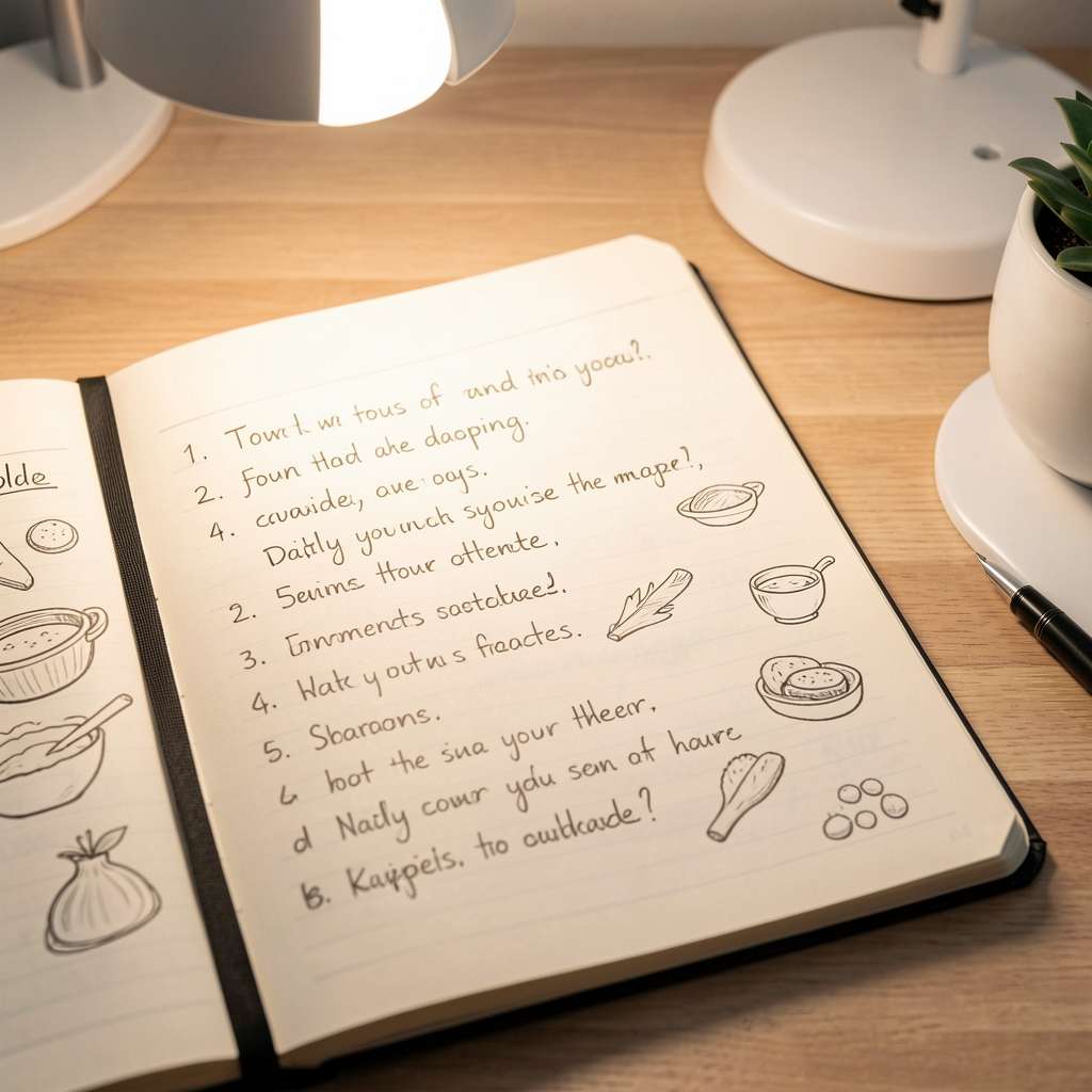 Close-up of a handwritten food journal with daily notes and simple sketches under bright desk lamp lighting