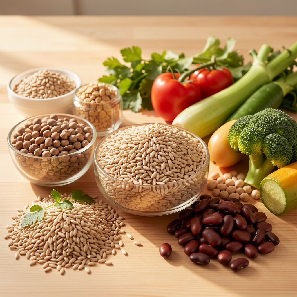 Assorted whole foods including grains, vegetables and legumes arranged on a clean wooden surface in warm daylight