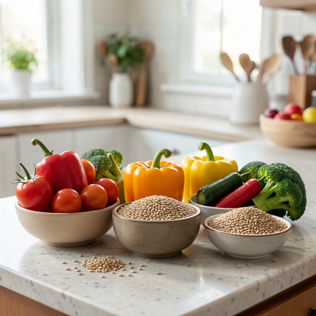 A selection of colourful whole vegetables and grains arranged in small bowls on a kitchen counter in natural daylight