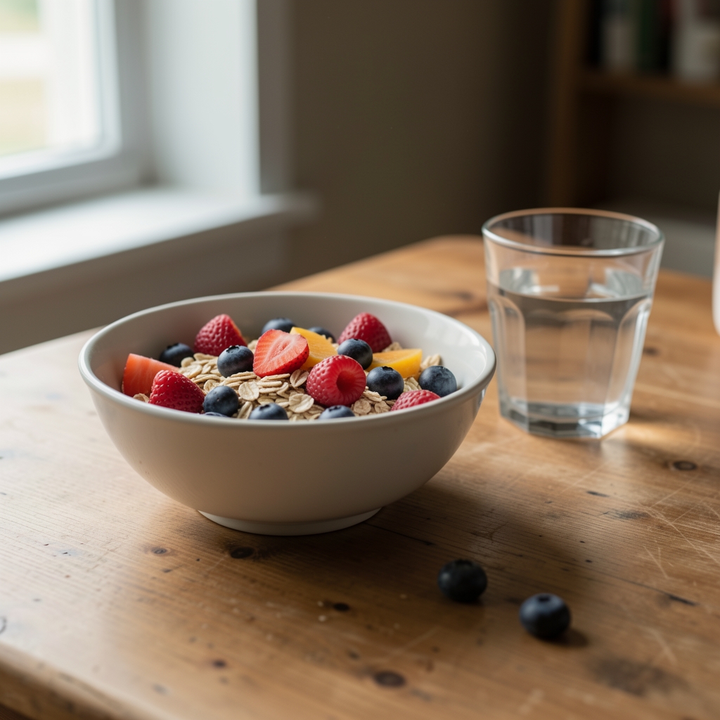 A simple breakfast bowl of oats and fruit on a wooden table beside a glass of water, quiet morning light coming from a nearby window